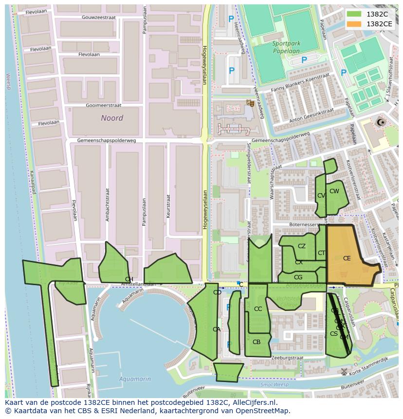 Afbeelding van het postcodegebied 1382 CE op de kaart.