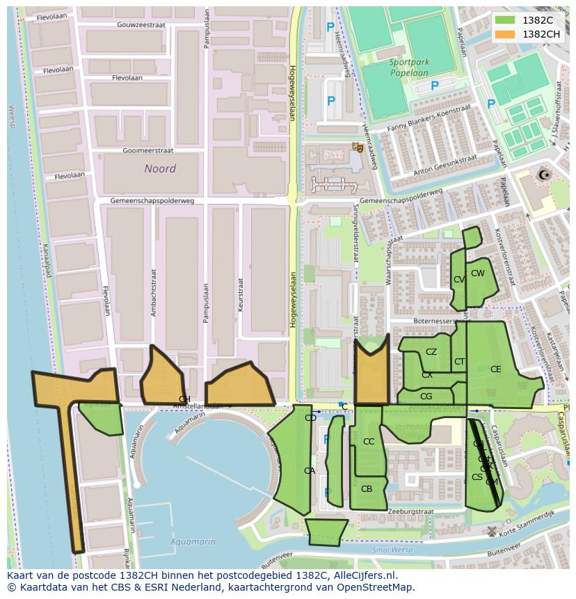 Afbeelding van het postcodegebied 1382 CH op de kaart.