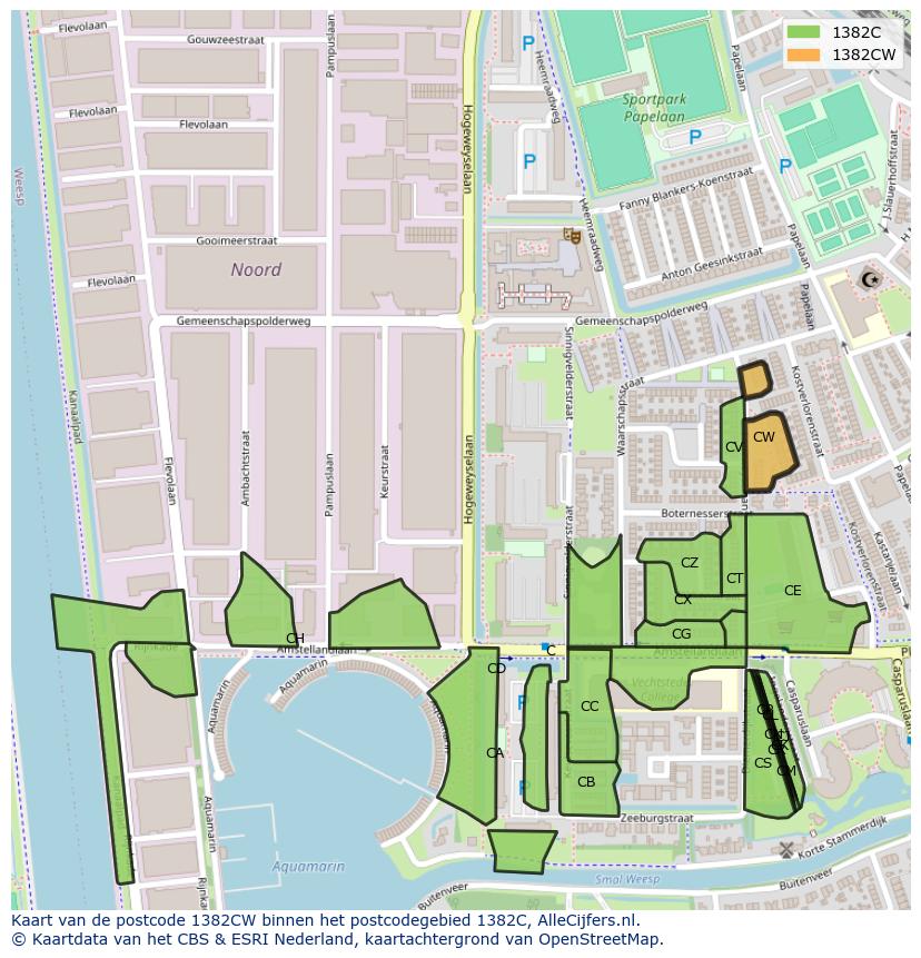 Afbeelding van het postcodegebied 1382 CW op de kaart.