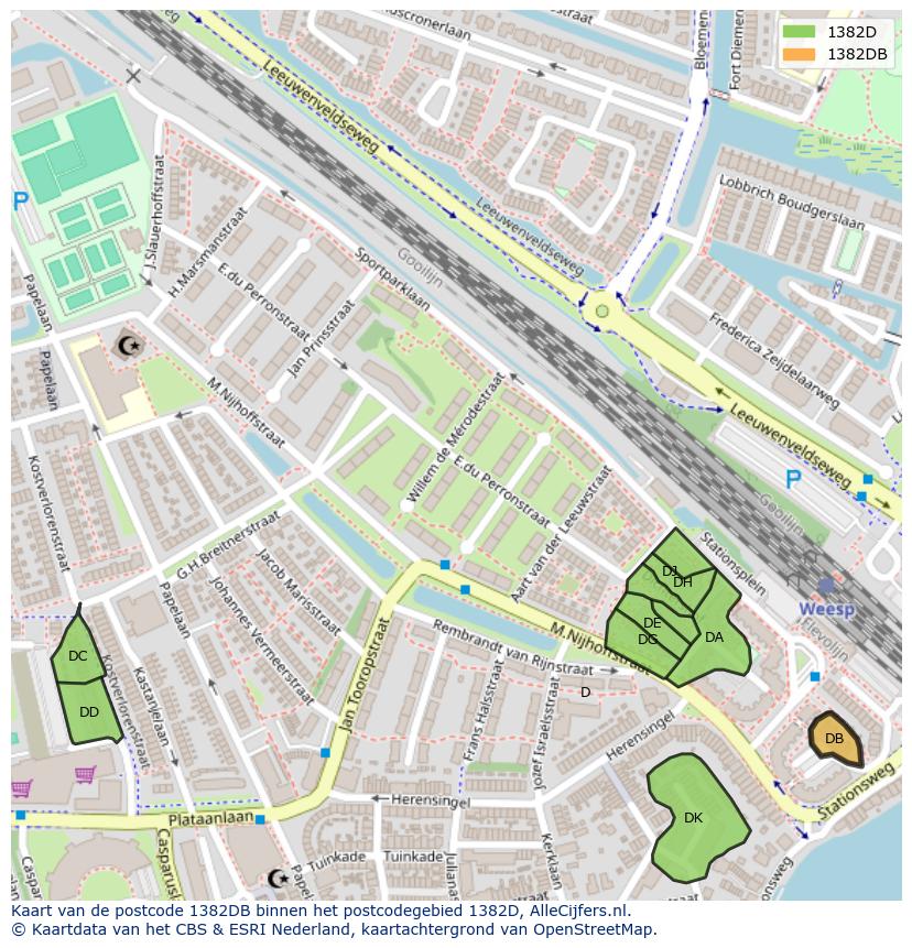 Afbeelding van het postcodegebied 1382 DB op de kaart.