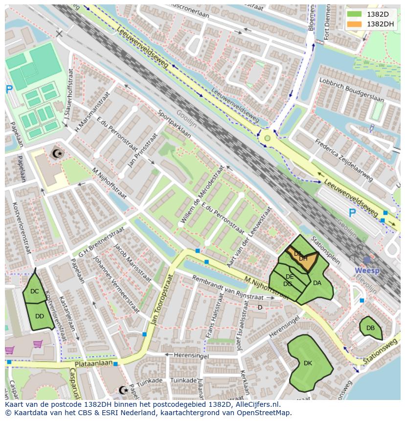 Afbeelding van het postcodegebied 1382 DH op de kaart.