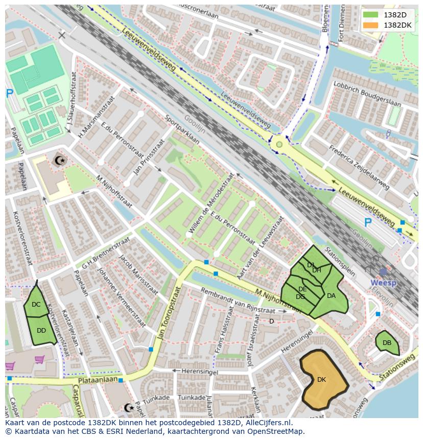 Afbeelding van het postcodegebied 1382 DK op de kaart.