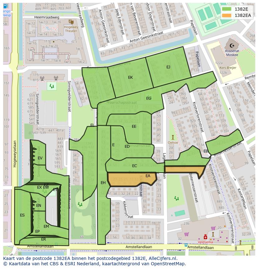 Afbeelding van het postcodegebied 1382 EA op de kaart.