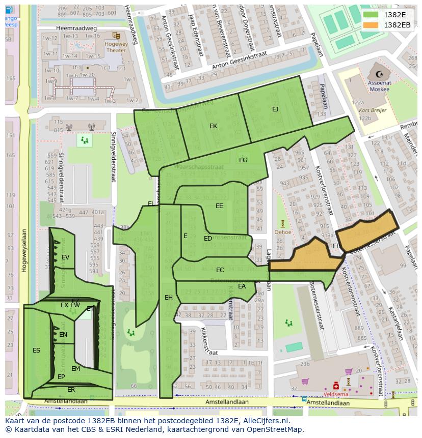 Afbeelding van het postcodegebied 1382 EB op de kaart.