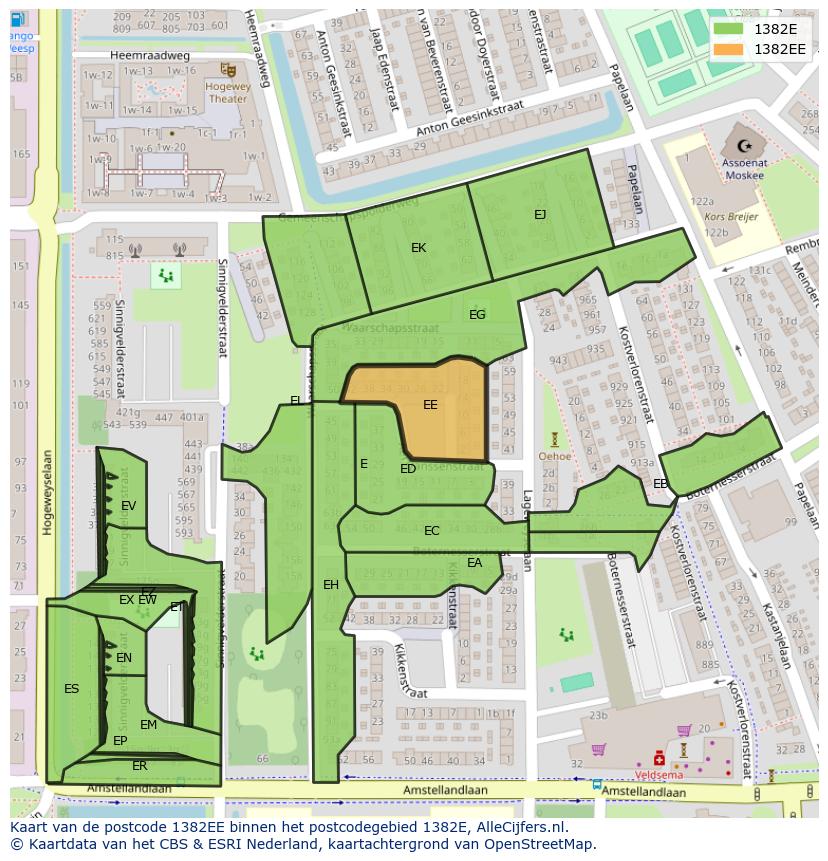 Afbeelding van het postcodegebied 1382 EE op de kaart.