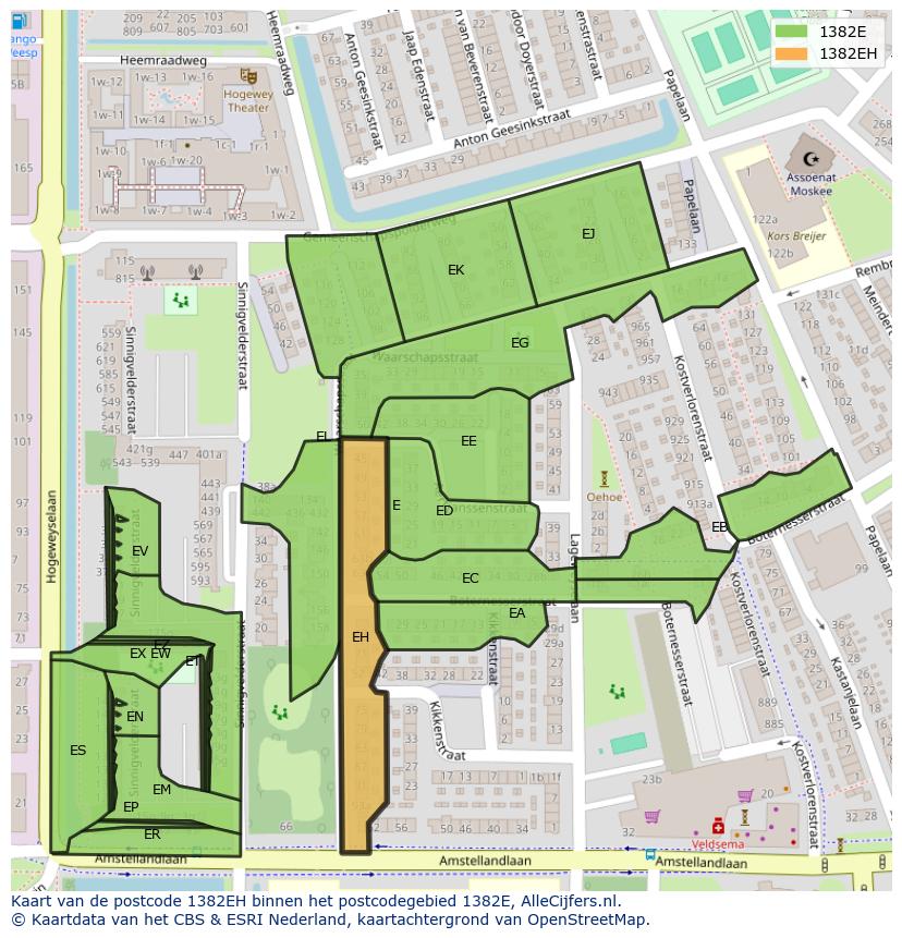 Afbeelding van het postcodegebied 1382 EH op de kaart.