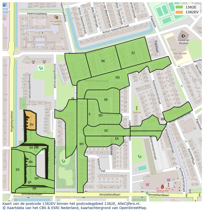 Afbeelding van het postcodegebied 1382 EV op de kaart.