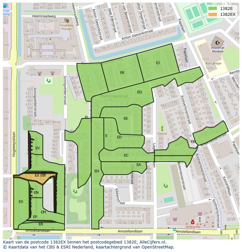 Afbeelding van het postcodegebied 1382 EX op de kaart.