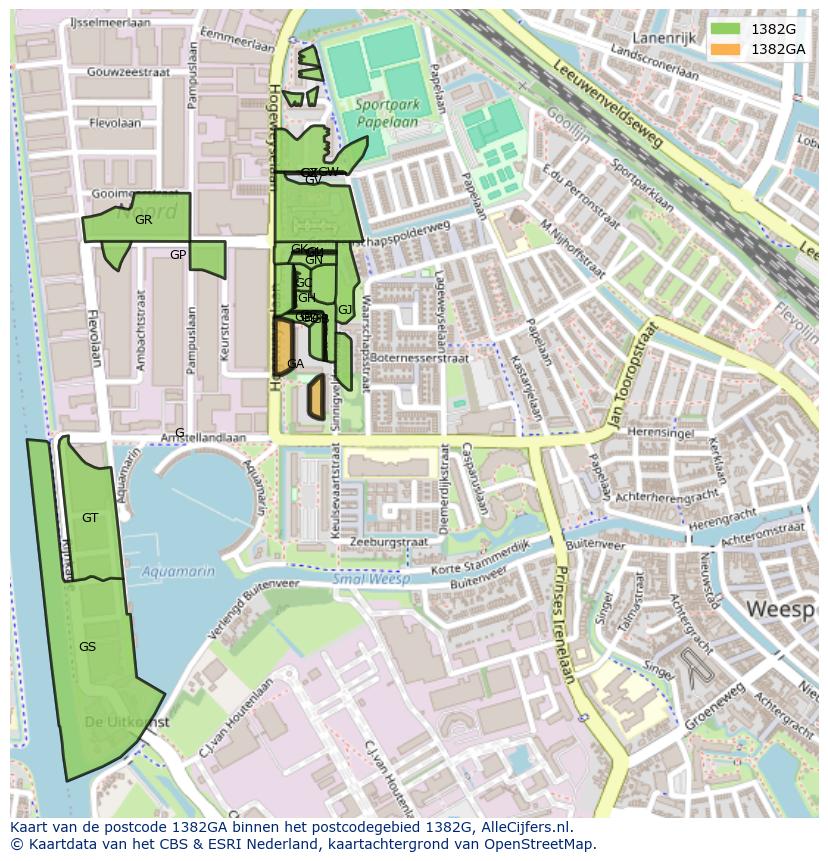 Afbeelding van het postcodegebied 1382 GA op de kaart.