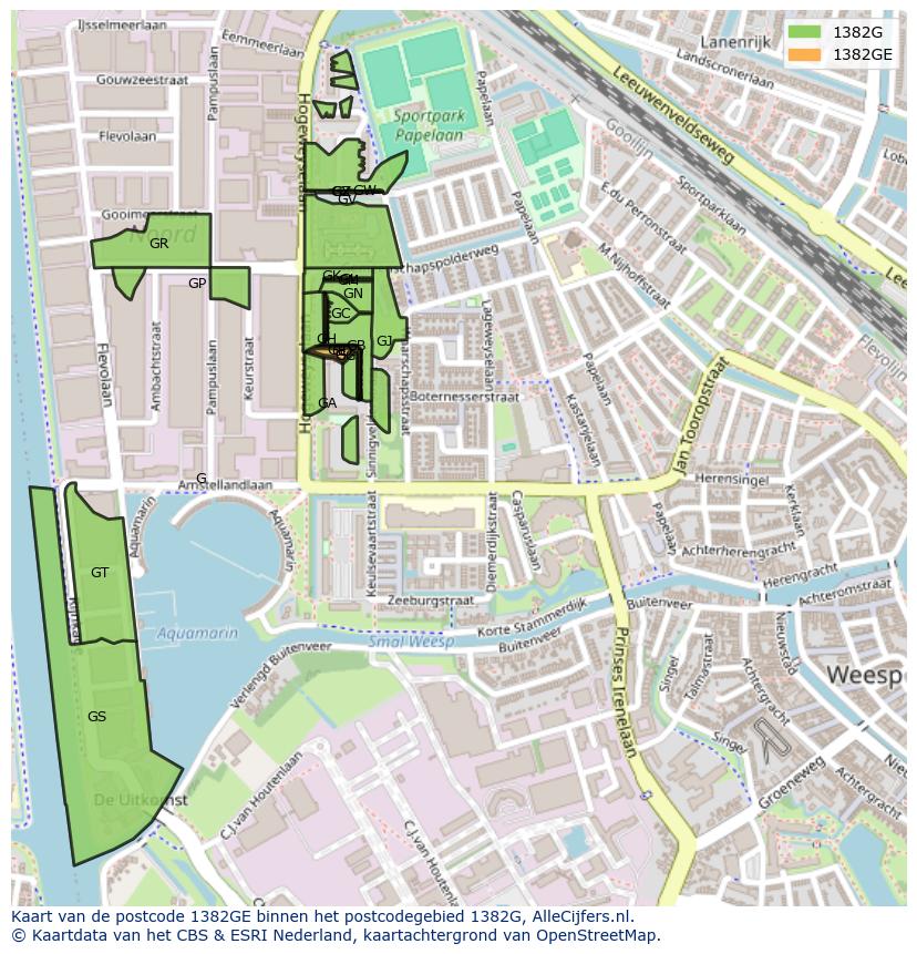 Afbeelding van het postcodegebied 1382 GE op de kaart.