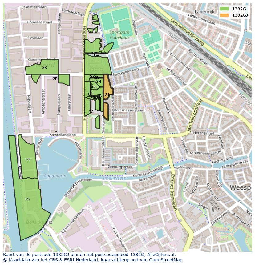 Afbeelding van het postcodegebied 1382 GJ op de kaart.