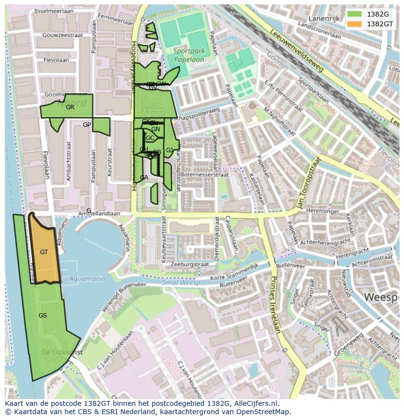 Afbeelding van het postcodegebied 1382 GT op de kaart.