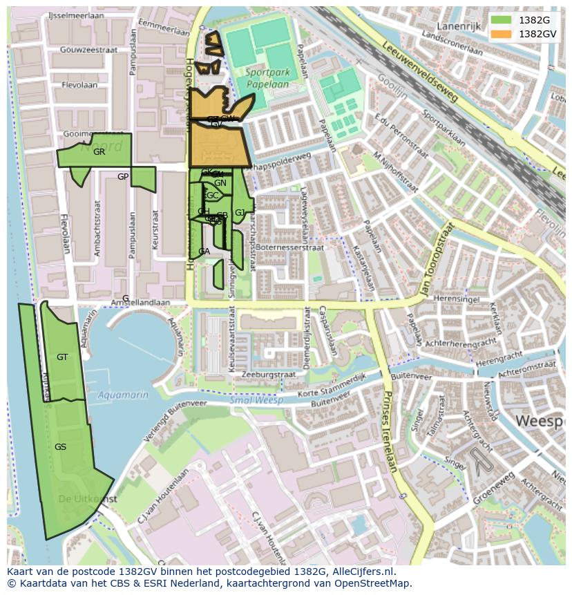 Afbeelding van het postcodegebied 1382 GV op de kaart.