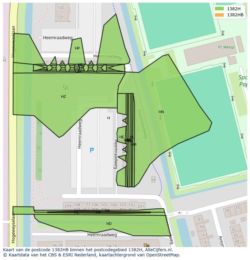 Afbeelding van het postcodegebied 1382 HB op de kaart.