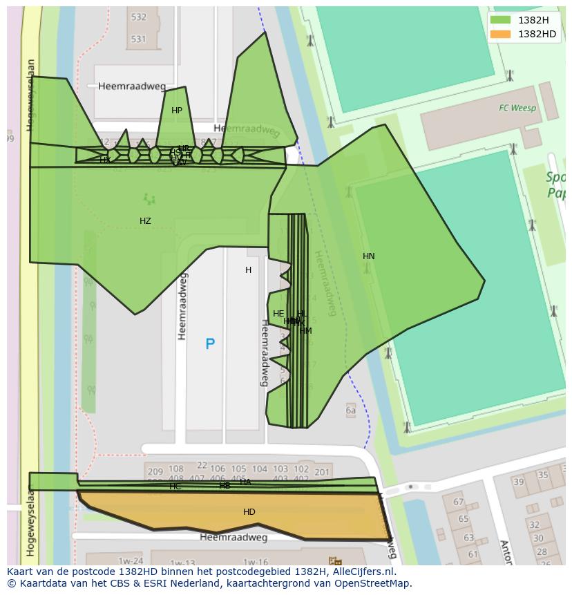 Afbeelding van het postcodegebied 1382 HD op de kaart.