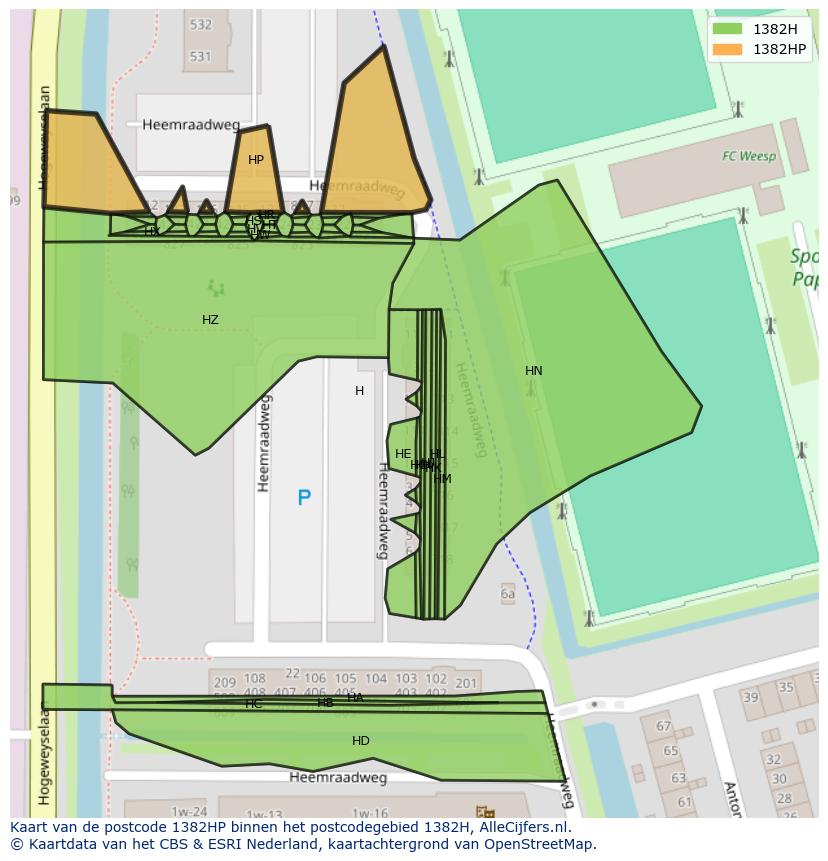 Afbeelding van het postcodegebied 1382 HP op de kaart.