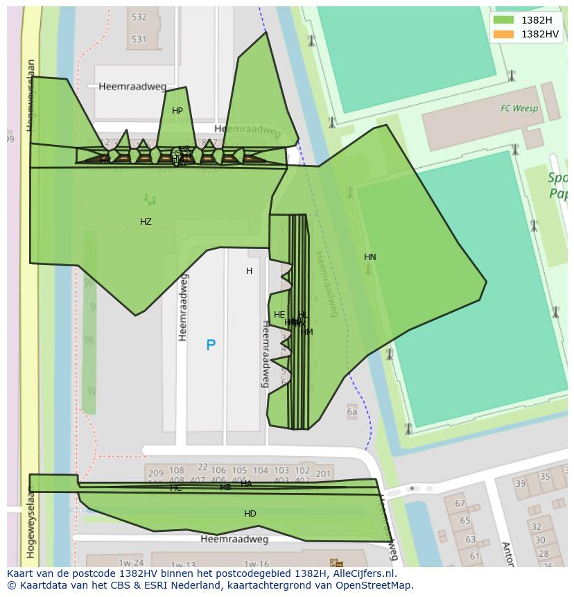 Afbeelding van het postcodegebied 1382 HV op de kaart.
