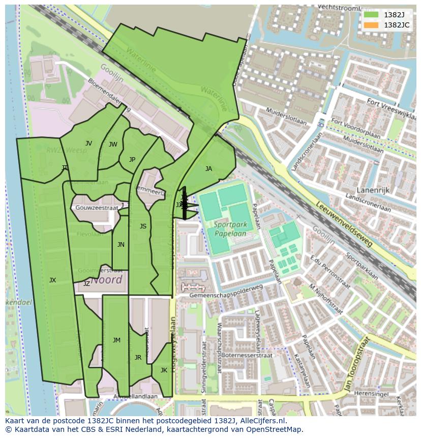 Afbeelding van het postcodegebied 1382 JC op de kaart.