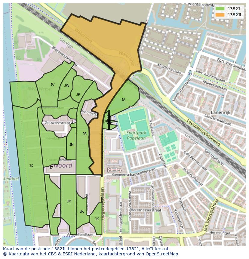 Afbeelding van het postcodegebied 1382 JL op de kaart.