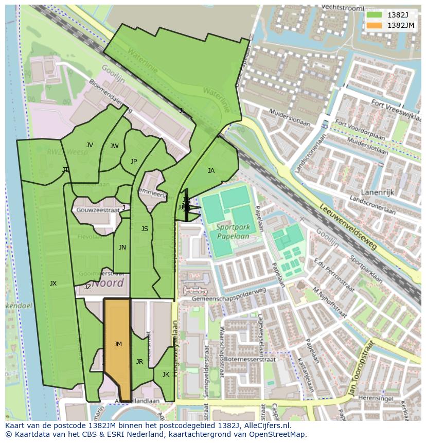 Afbeelding van het postcodegebied 1382 JM op de kaart.