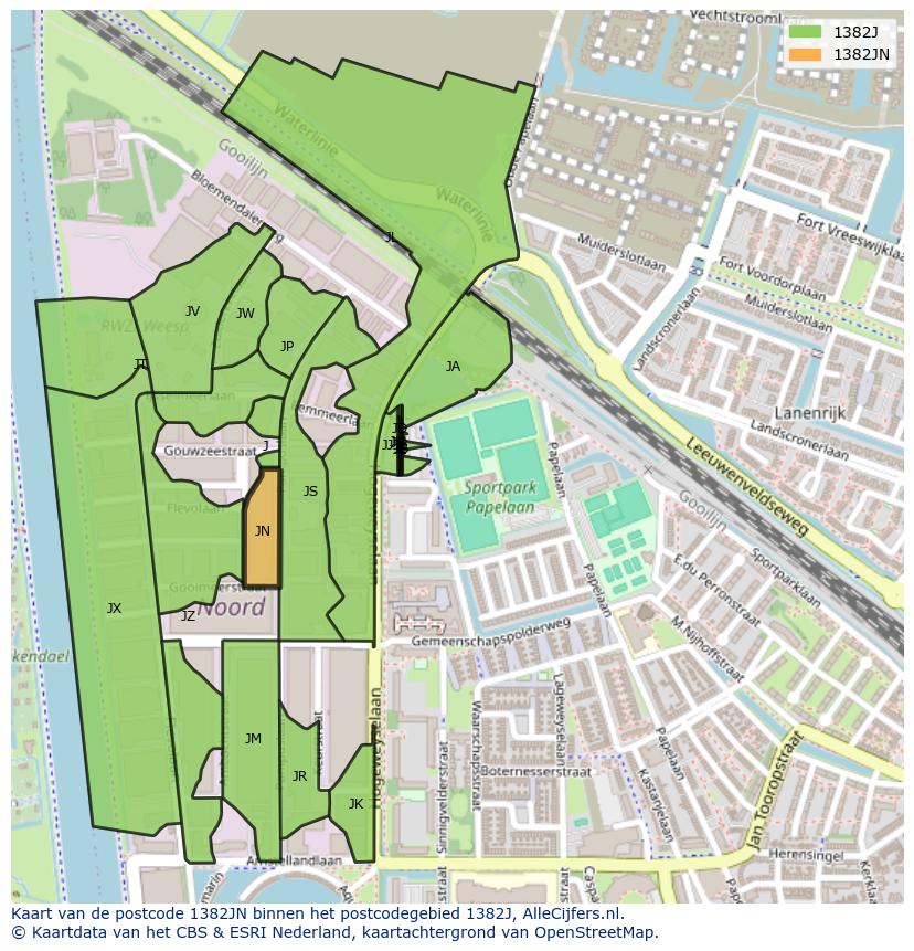 Afbeelding van het postcodegebied 1382 JN op de kaart.