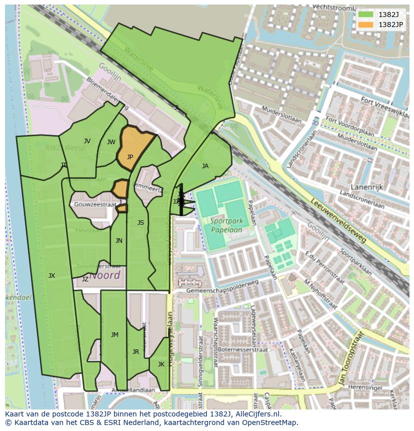 Afbeelding van het postcodegebied 1382 JP op de kaart.