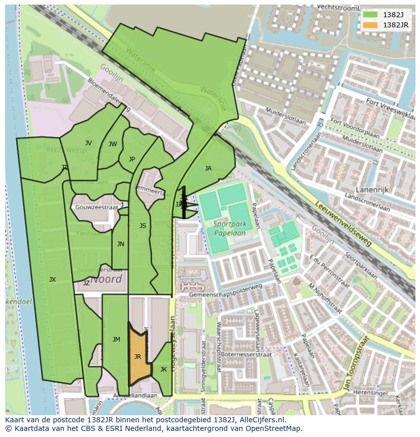 Afbeelding van het postcodegebied 1382 JR op de kaart.