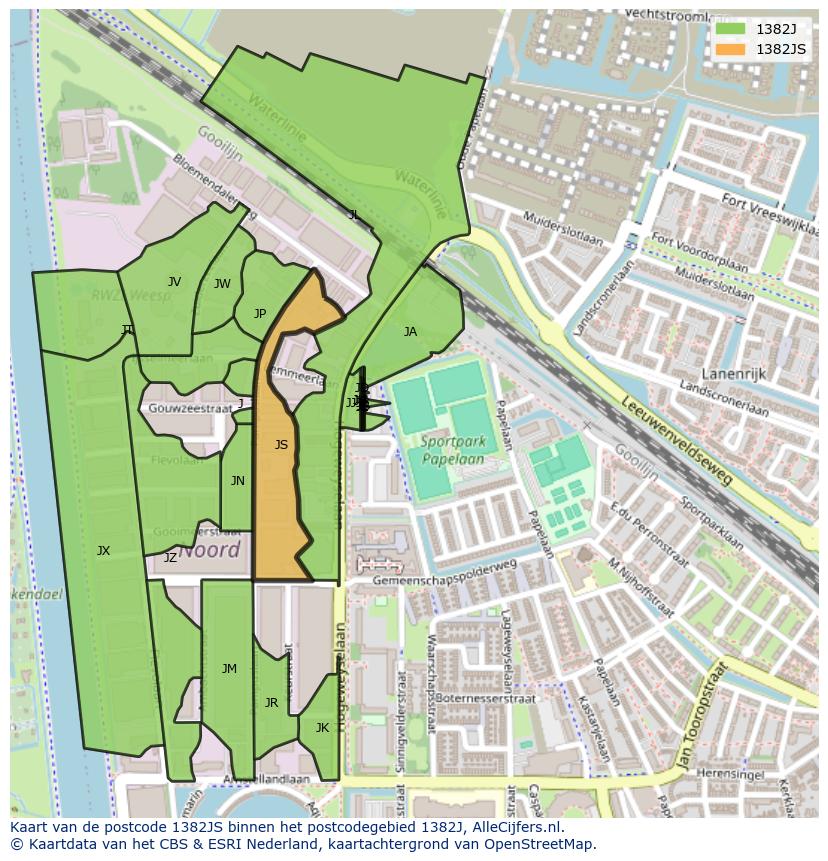 Afbeelding van het postcodegebied 1382 JS op de kaart.