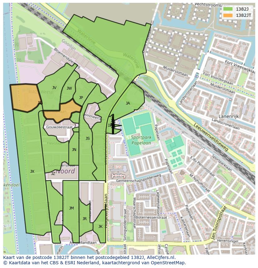 Afbeelding van het postcodegebied 1382 JT op de kaart.