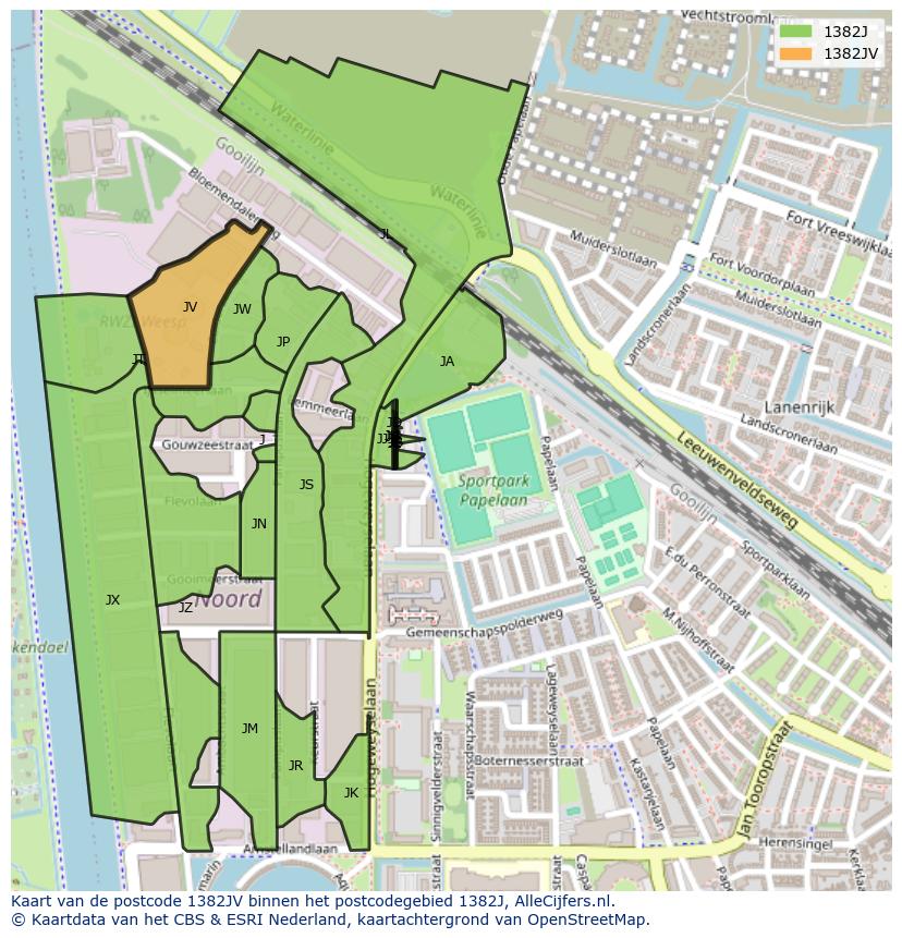 Afbeelding van het postcodegebied 1382 JV op de kaart.