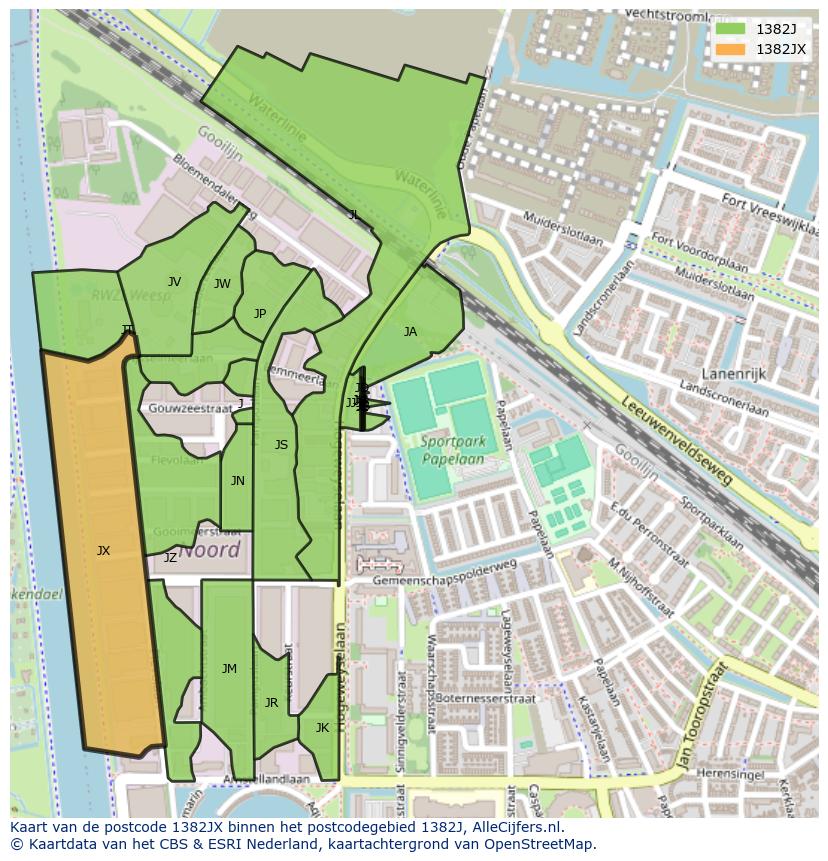 Afbeelding van het postcodegebied 1382 JX op de kaart.