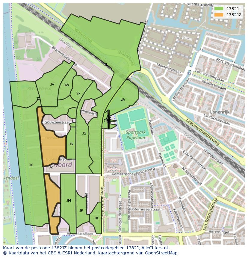 Afbeelding van het postcodegebied 1382 JZ op de kaart.