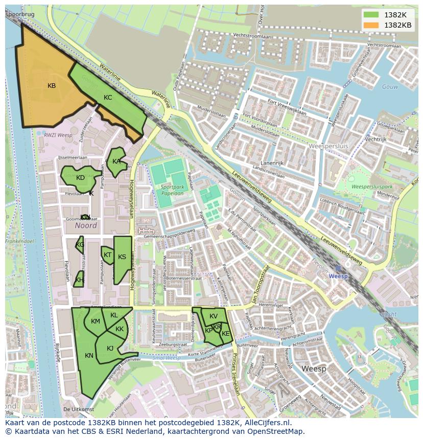 Afbeelding van het postcodegebied 1382 KB op de kaart.