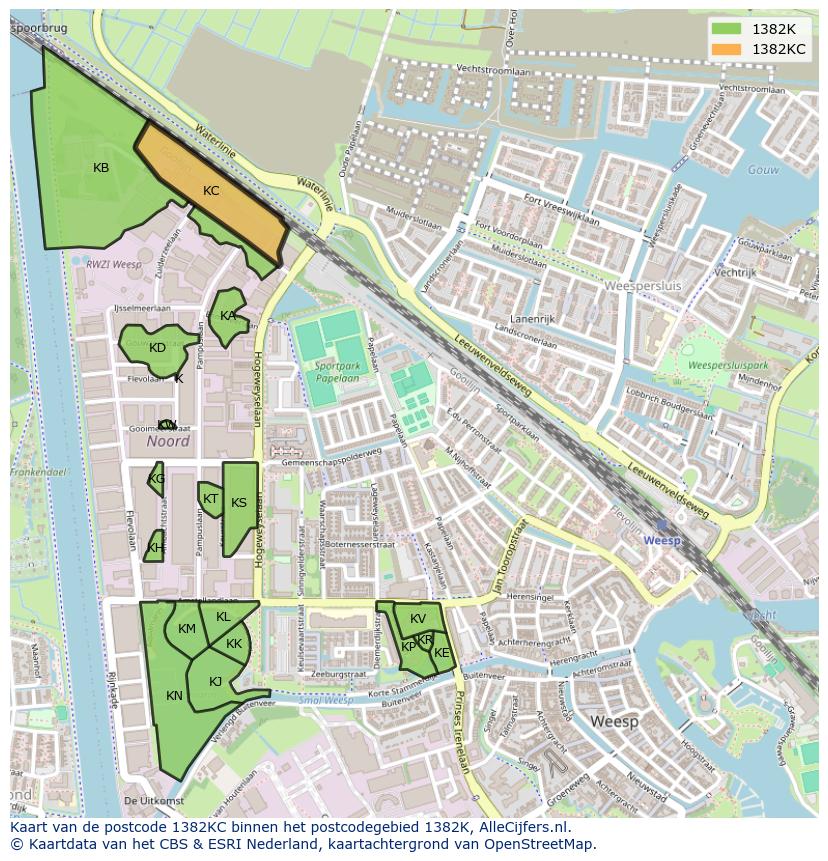 Afbeelding van het postcodegebied 1382 KC op de kaart.