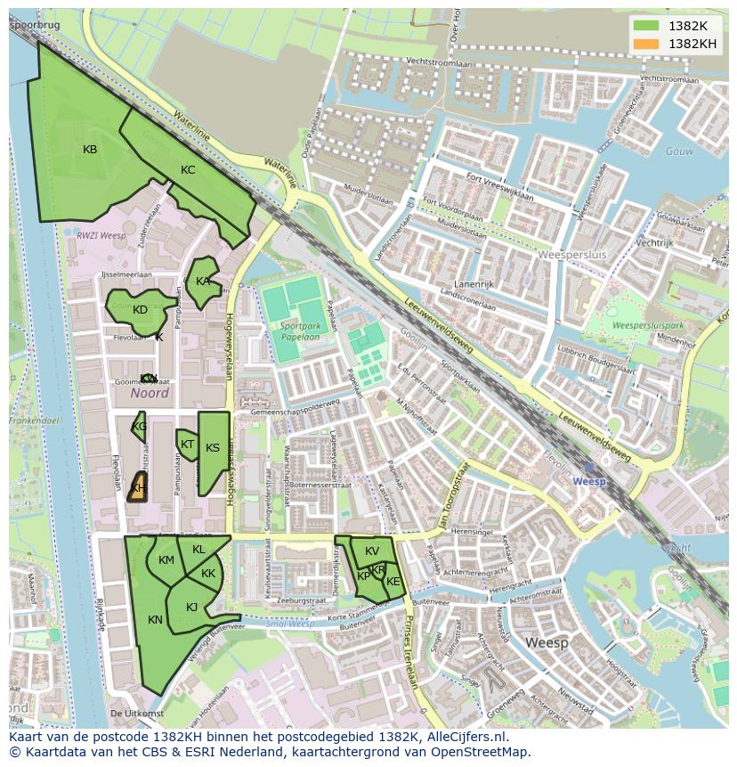 Afbeelding van het postcodegebied 1382 KH op de kaart.