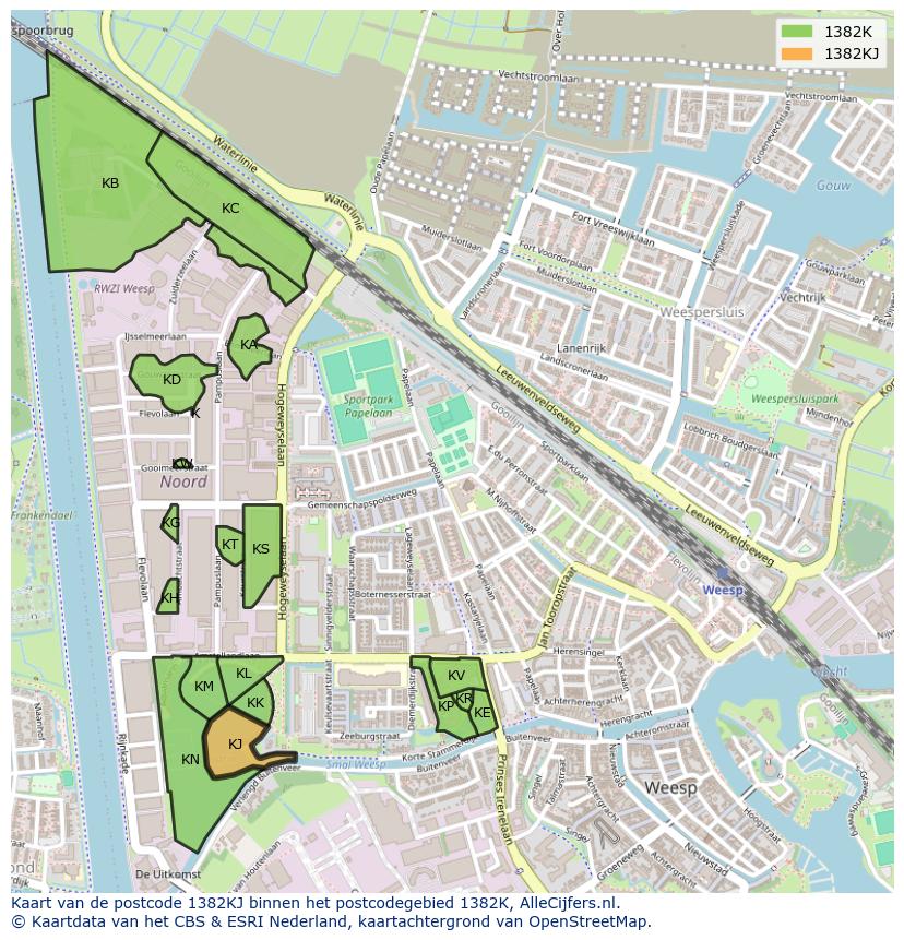 Afbeelding van het postcodegebied 1382 KJ op de kaart.