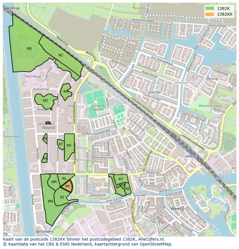 Afbeelding van het postcodegebied 1382 KK op de kaart.