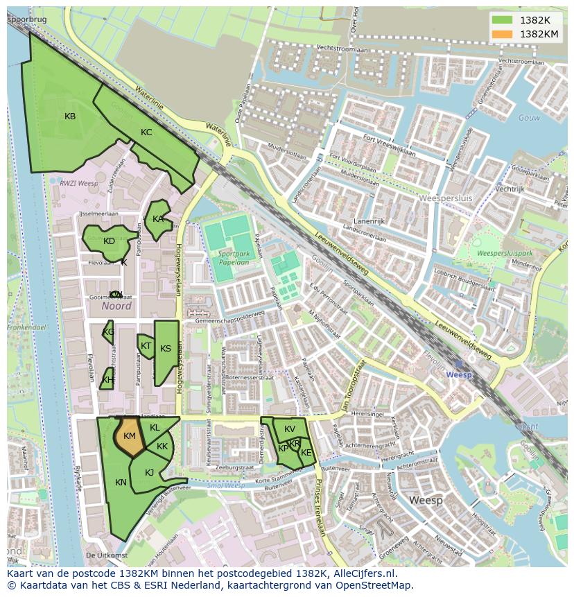 Afbeelding van het postcodegebied 1382 KM op de kaart.