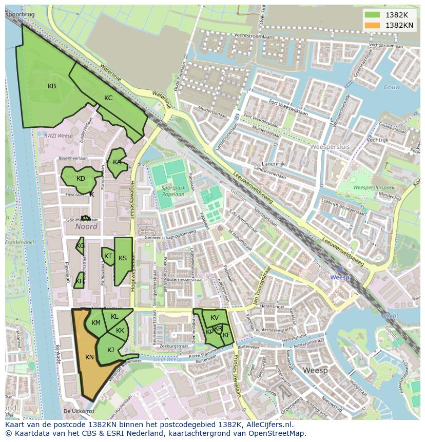 Afbeelding van het postcodegebied 1382 KN op de kaart.