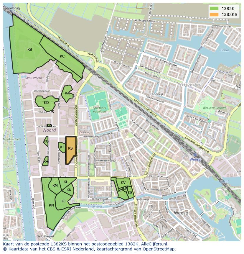 Afbeelding van het postcodegebied 1382 KS op de kaart.