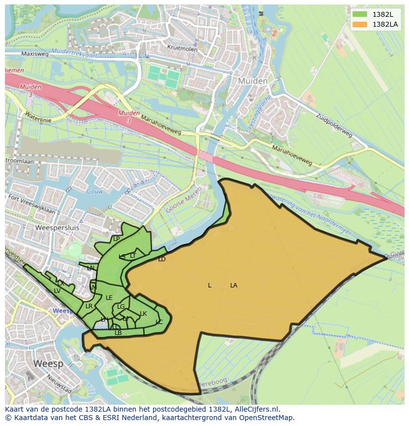 Afbeelding van het postcodegebied 1382 LA op de kaart.