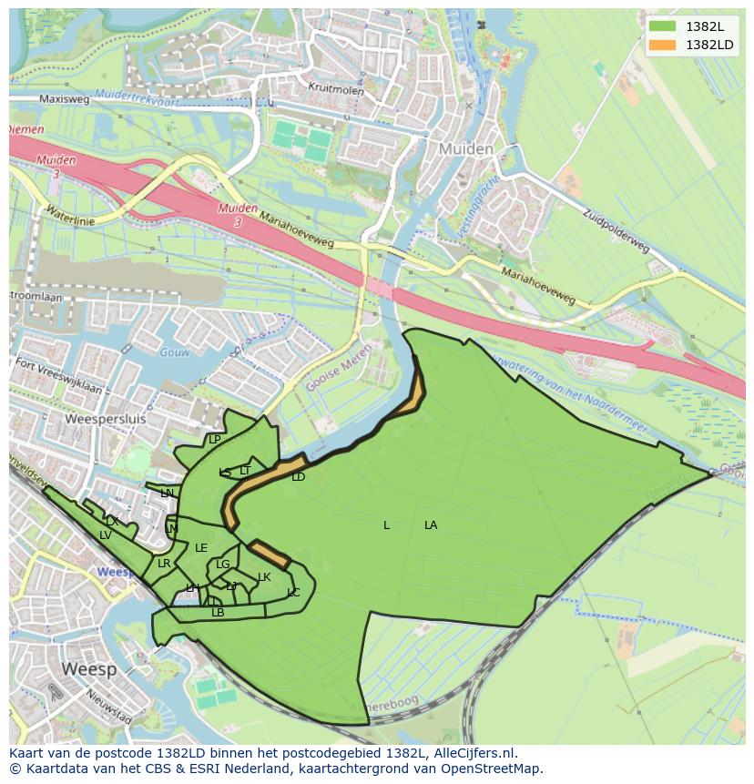 Afbeelding van het postcodegebied 1382 LD op de kaart.
