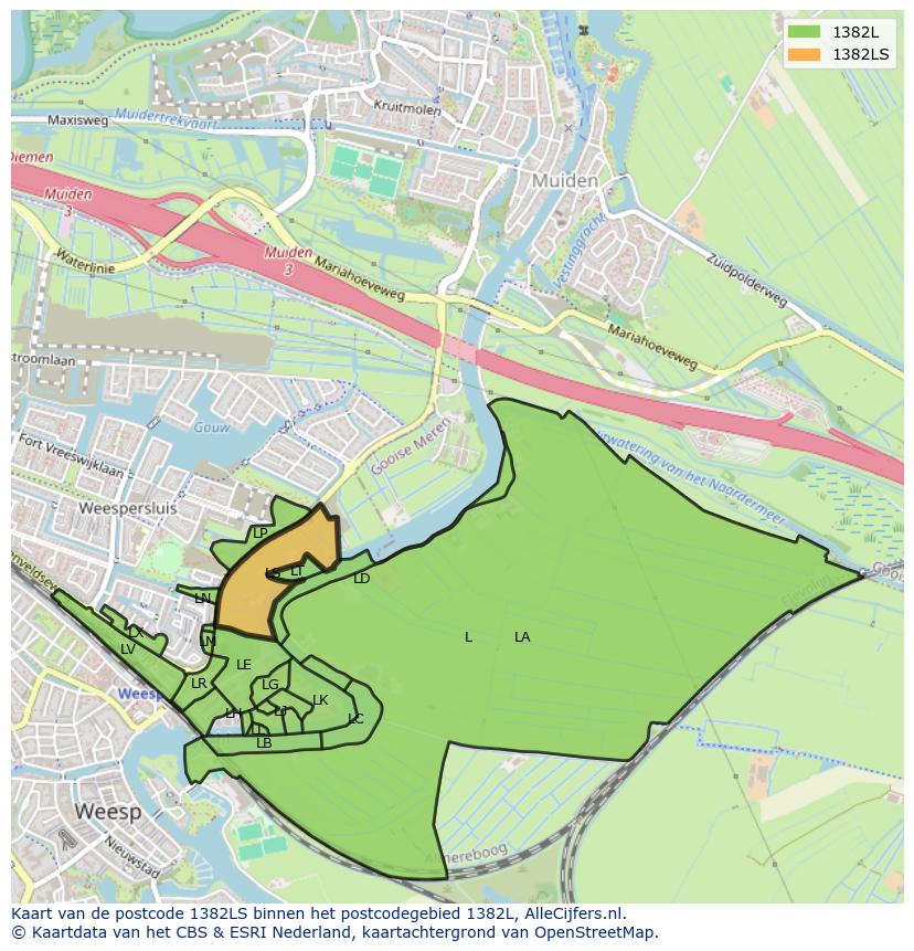 Afbeelding van het postcodegebied 1382 LS op de kaart.