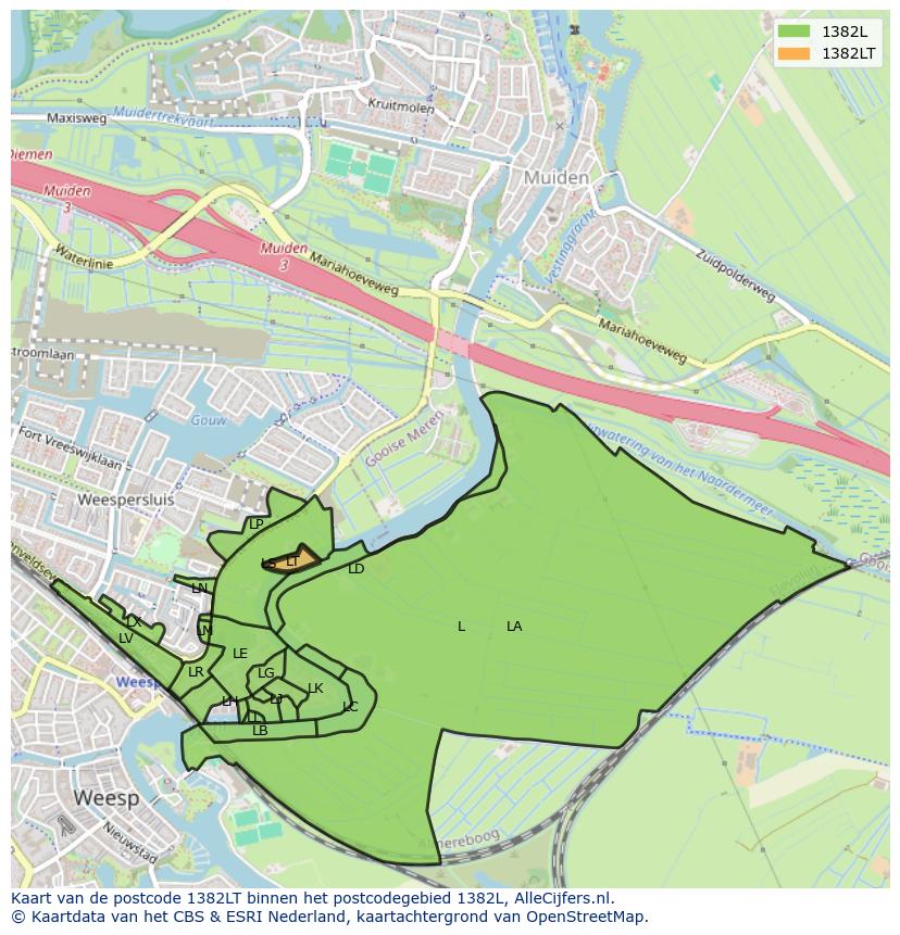 Afbeelding van het postcodegebied 1382 LT op de kaart.
