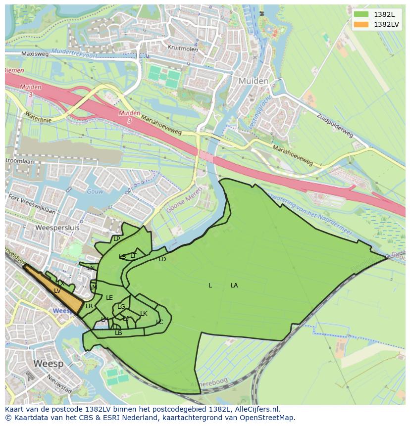 Afbeelding van het postcodegebied 1382 LV op de kaart.