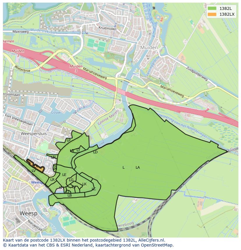 Afbeelding van het postcodegebied 1382 LX op de kaart.