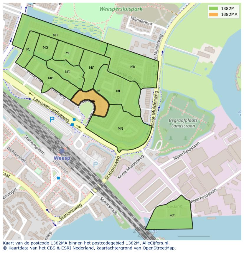 Afbeelding van het postcodegebied 1382 MA op de kaart.