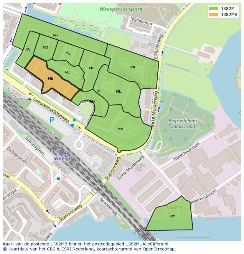 Afbeelding van het postcodegebied 1382 MB op de kaart.