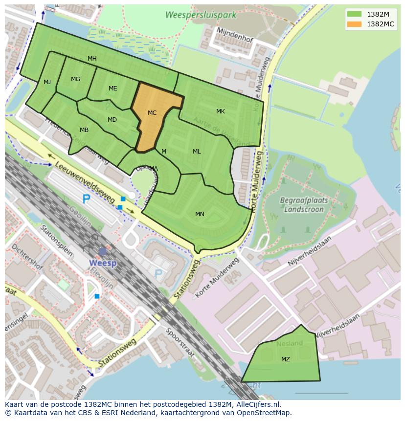 Afbeelding van het postcodegebied 1382 MC op de kaart.