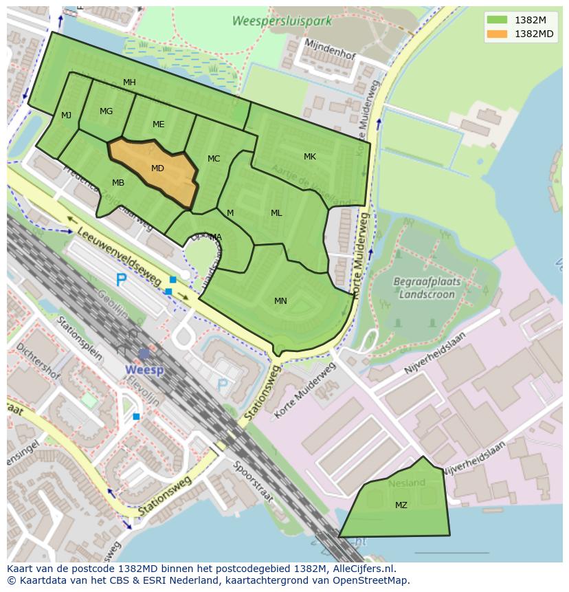 Afbeelding van het postcodegebied 1382 MD op de kaart.